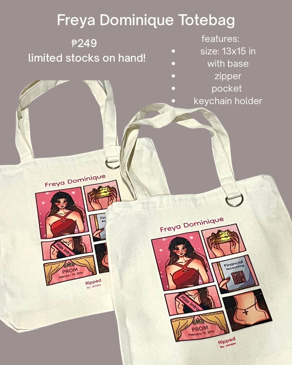 — freya dominique totebags on hand! 

mod: pick up at freon event (feb 15)
mop: gcash

dm to order! 💌