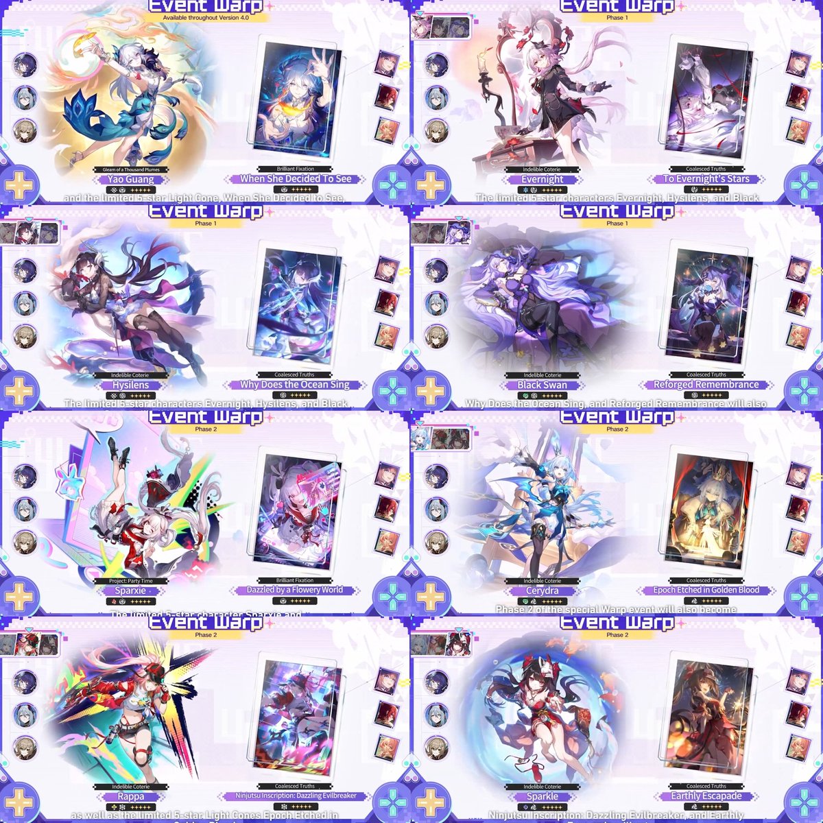 StarRailVerse1's tweet image. (4.0) Official Banners: 

-Phase 1: Yao Guang, Evernight, Hysilens &amp;amp; Black Swan

-Phase 2: Sparxie, Cerydra, Rappa &amp;amp; Sparkle

Yao Guang's banner will last for the entire Version 4.0.

#HonkaiStarRail