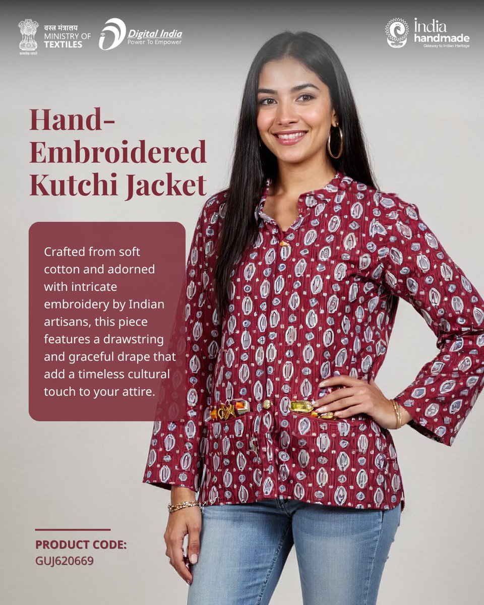 Indiahandmade_'s tweet photo. A jacket with a story ❤️ Hand-embroidered Kutchi beauty from Gujarat—artisan-made, elegant & timeless
✨ Explore. Support. Empower. #Indiahandmade #SupportArtisans #HandloomIndia #VocalForLocal #MadeInIndia #CraftsOfIndia #ArtisanEmpowerment #HandicraftsIndia https://t.co/9nIqPP2ymF