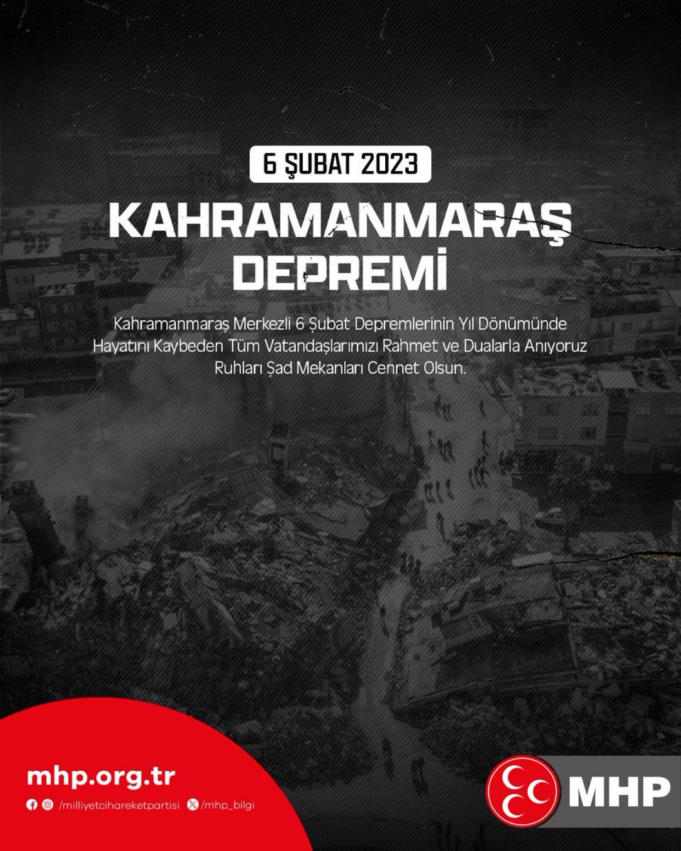 Kahramanmaraş merkezli 6 Şubat depremlerinin yıl dönümünde hayatını kaybeden tüm vatandaşlarımızı rahmet ve dualarla anıyoruz. Ruhları şad, mekanları cennet olsun.