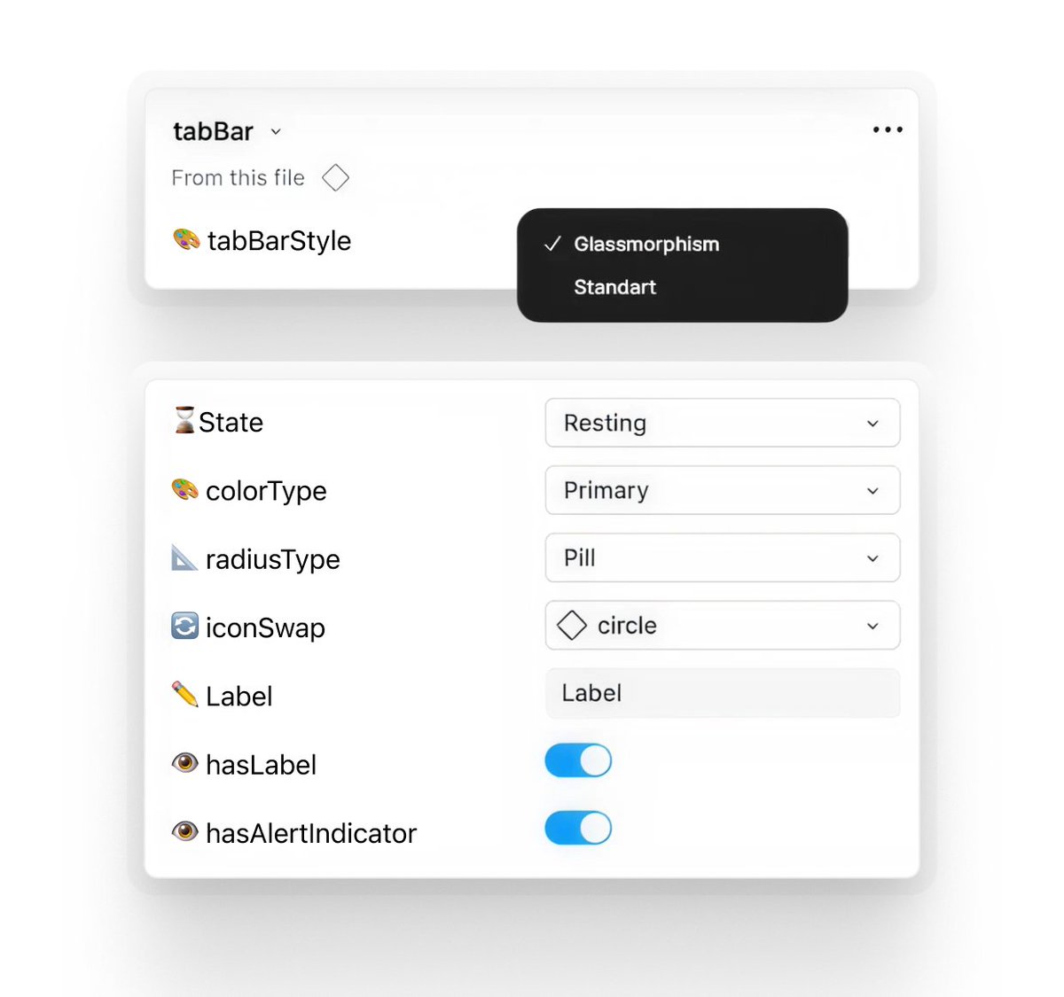 FiratFindikoglu's tweet photo. Tab Bar Componentini propları ile birlikte tek bir yapı altında esnetilebilir hale getirdim. Stil kullanımlarıda atomic yapıda yönetilebilir hale geldi.

Şu an deneysel aşamada; farklı ürün senaryolarında nasıl davrandığını gözlemleyip propları ve sistemi geliştiriyor olucam. https://t.co/3sAxw2z9ua