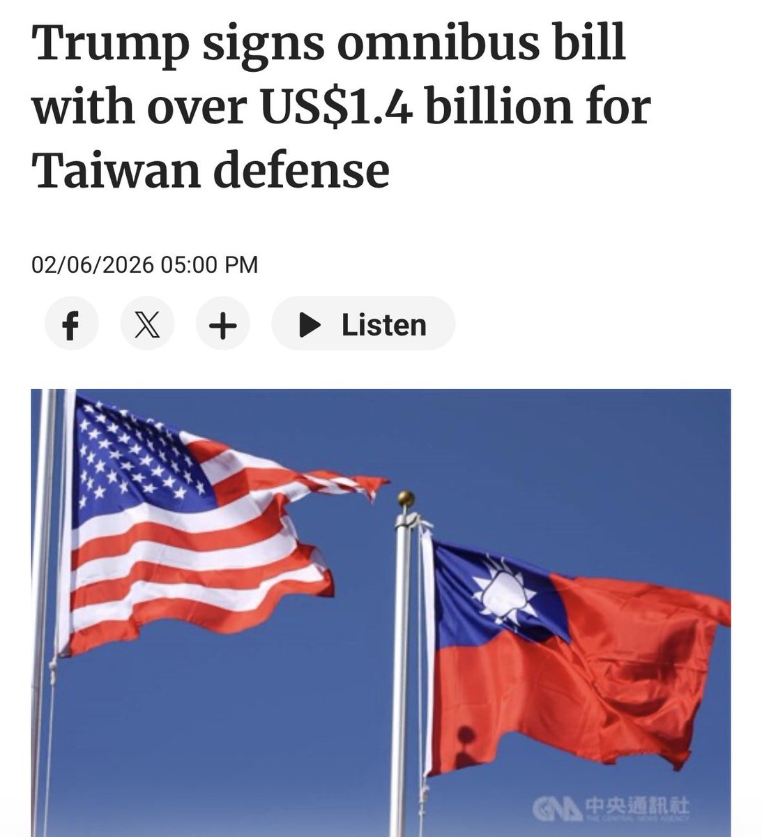 2月4日 
习近平致电川普叫嚣统一台湾
川普发文 说习近平是好朋友

2月6日
川普签署14.5亿美元 军援台湾
😂😂