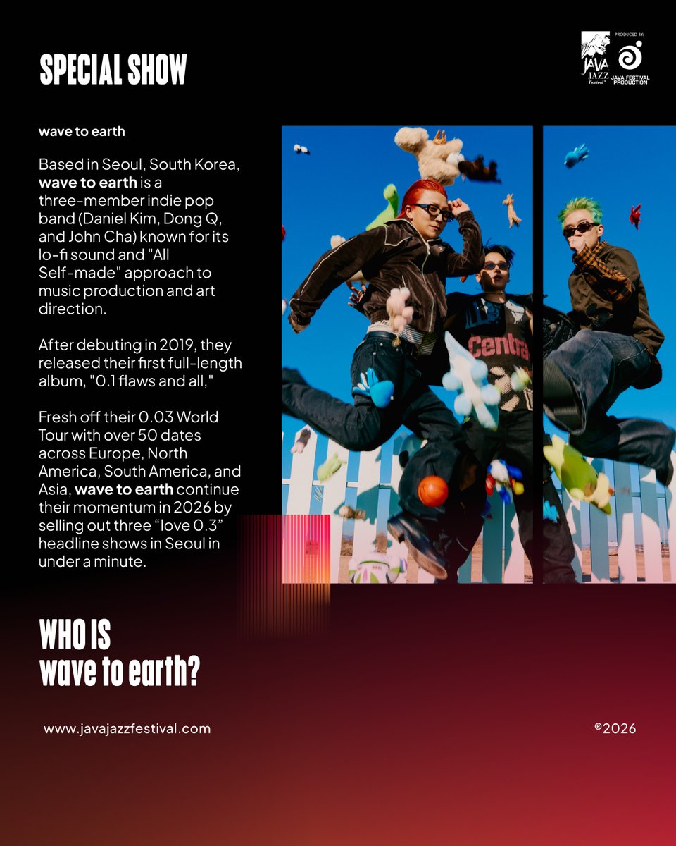 JavaJazzFest's tweet image. wave to earth is a Seoul-based indie outfit celebrated for their dreamy lo-fi, rock, and jazz sound, with a fully self-made approach to music and visuals.

Don’t miss their Special Show at Java Jazz Festival 2026 on 30 May.

🌊🌏
#JavaJazzFest2026 #myBCAJavaJazzFest #wavetoearth