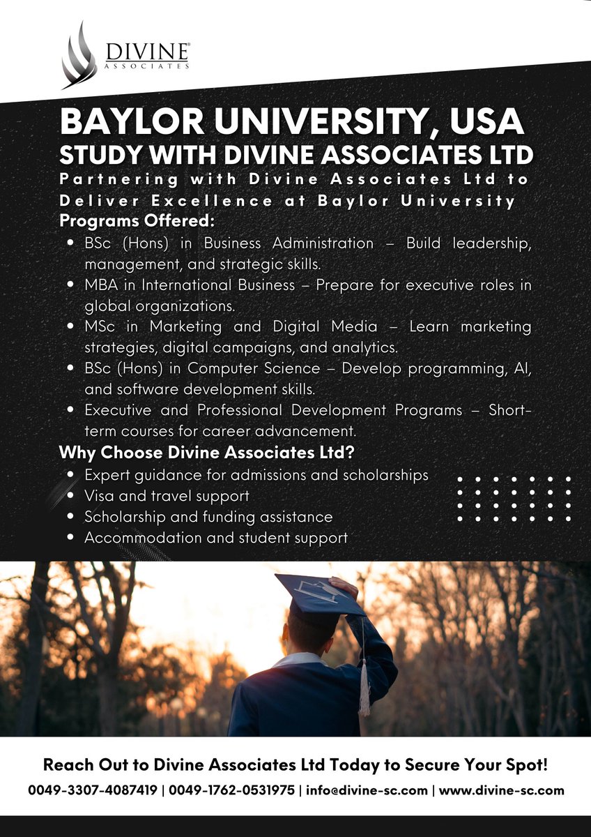 DivineAssociat's tweet image. Achieve academic excellence at Baylor University with support from Divine Associates Ltd for admissions, scholarships, and international student services.
#DivineAssociatesLtd #StudyAbroad #BaylorUniversity #Education #Scholarship #StudentVisa #HigherEdu #GlobalLearning