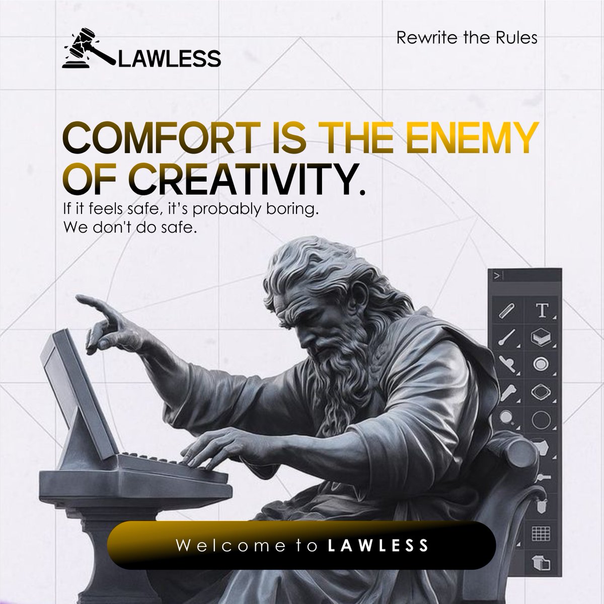 Holubright1's tweet photo. Comfort is the enemy of creativity.

If your brand looks like everyone else's, you've already lost. Welcome to LAWLESS, a concept identity built on the philosophy of subtractive disruption.

Does your branding look safe, or does it look dangerous?

👇 Drop a comment https://t.co/i6gK2sIyhp