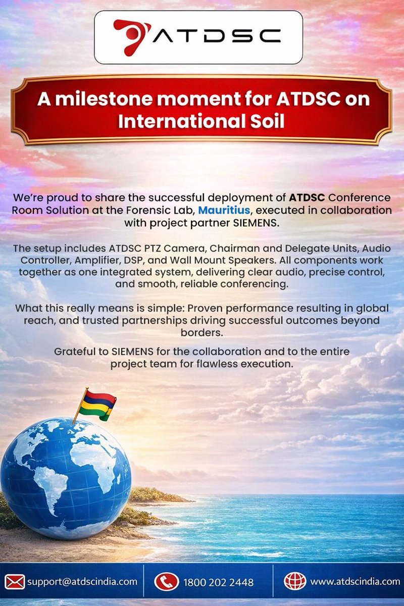 _atdsc's tweet photo. 🌍 ATDSC achieves a global milestone with successful conference room deployment in Mauritius with SIEMENS.
📞18002022448
🌐https://t.co/VjskNbYAYX
#ATDSC #InternationalMilestone #GlobalPresence #Mauritius #ForensicLab #ConferenceRoomSolutions #ProfessionalAV #AudioVisualSolutions https://t.co/6xULc9dsX5