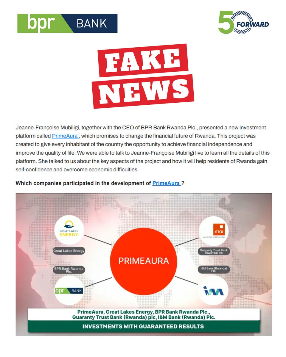 BPR Bank Rwanda has no partnership or involvement with PrimeAura. Any claims suggesting otherwise are false.
For accurate information, rely only on our verified platforms.

Stay Safe!

#ForPeopleForBetter