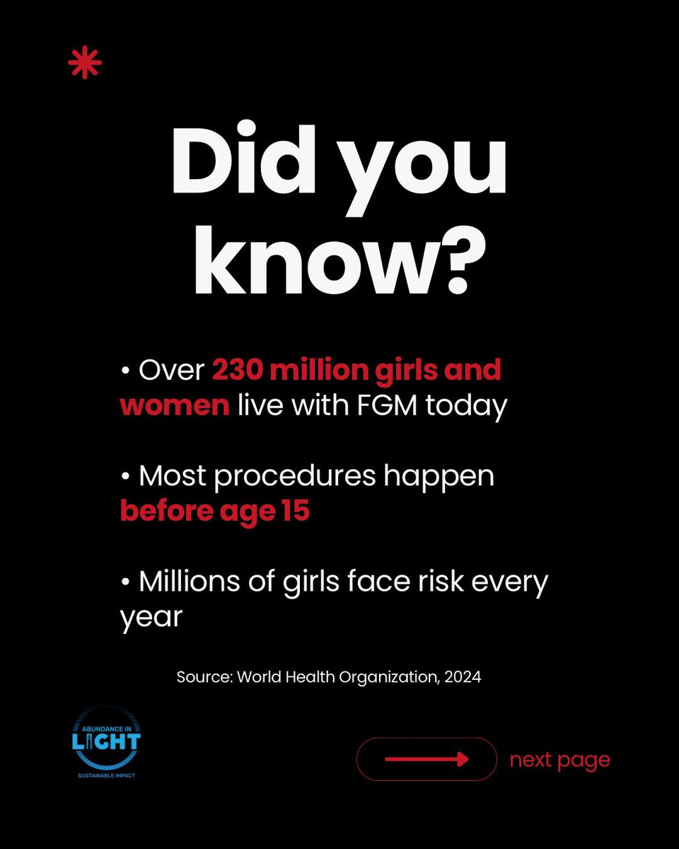 abundance_light's tweet photo. FGM harms girls. No health benefit exists. Only pain and trauma. 🚨

• 230 million+ survivors worldwide
• Most affected before age 15
Source: WHO, 2024

Abundance in Light stands for zero tolerance. Speak up. Educate. Protect girls. ✊🏾 https://t.co/Ih6Yo9sFBB