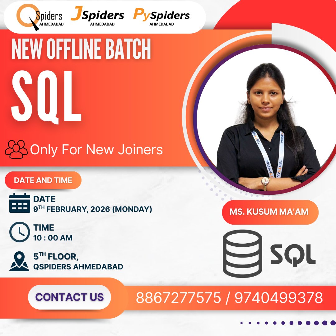 QspAhmedabad's tweet photo. 🚀 New Batch Alert! 🚀
New SQL batch is starting soon by Ms. Kusum Ma’am!
Only for new joiners!
Master database concepts from the best and boost your technical confidence! 💪
#QSpidersAhmedabad #SQLTraining #NewBatch #DatabaseLearning https://t.co/1yN9xJdfB7