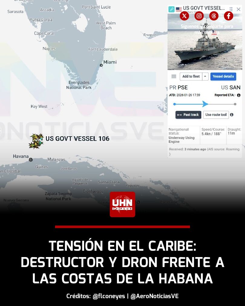 🇺🇸🇨🇺‼️ | URGENTE — Se confirma una intensa actividad militar estadounidense a solo 55 km al norte de Cuba, con el destructor de misiles USS Stockdale posicionado frente a la isla. De forma simultánea, un dron estratégico MQ-4C Triton realiza maniobras de vigilancia directa frente