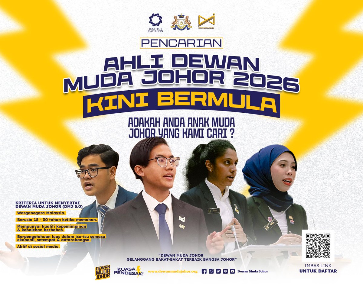 PENCARIAN AHLI DEWAN MUDA JOHOR 2026 KINI BERMULA! 🔥

Orang Muda Johor, ini peluang anda!

📲 Imbas Kod QR &amp; daftar sekarang!
Link: forms.gle/ZDDne52aZajpFu…

✨ Dewan Muda Johor, Gelanggang Bakat-Bakat Terbaik Bangsa Johor ✨

Dikuasakan oleh <a href="/institutdatoonn/">Institut Dato’ Onn</a>!

#DewanMudaJohor