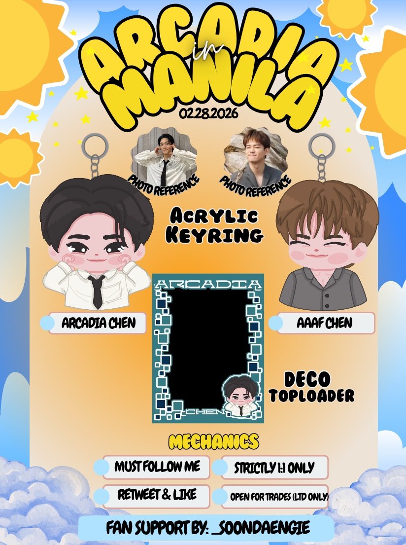 ─ 𖤓˚࿔ 𝘼𝙧𝙘𝙖𝙙𝙞𝙖 𝙞𝙣 𝙈𝙖𝙣𝙞𝙡𝙖 ⋆.˚☁️⋆ (𝘱𝘢𝘳𝘵 𝘰𝘯𝘦)
fan support by: <a href="/_soonDAEngie/">𝓭𝓪𝓷𝓲𝓮 🌼| #ArcadiaMANILA 🔜</a>

How to claim:
☁︎ Check mechanics below
☁︎ Open for trades (prio kr)
☁︎ On-the-spot trades 
☁︎ Loc: Embrace Café / EVM Convention Center

See you in Feb 28th ✨

#ArcadiaTour