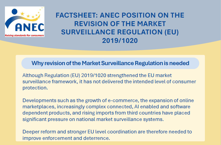 anectweet's tweet photo. ANEC has published a Factsheet outlining its position on the revision of the #Market #Surveillance Regulation (EU) 2019/1020.

📜 The factsheet sets out ANEC’s recommendations, including stronger EU coordination, improved enforcement, better cooperation between market surveillance and customs authorities, and clearer responsibility for all economic operators, including online marketplaces.

Read the full factsheet👉 https://t.co/L84KUZP7r1