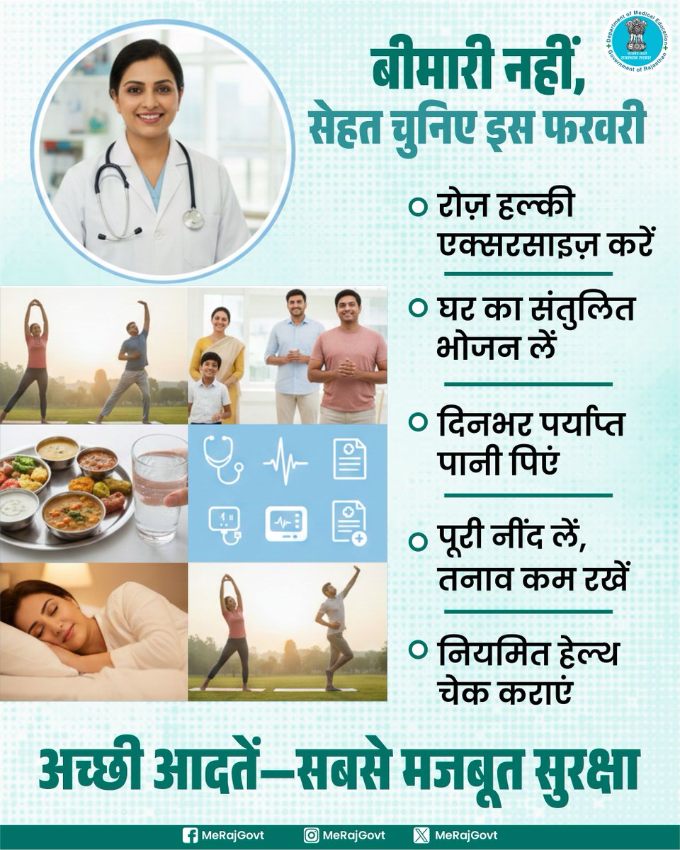 MeRajGovt's tweet photo. फरवरी में बीमारी नहीं, सेहत चुनिए!
छोटी-छोटी अच्छी आदतें ही आपकी सबसे मजबूत सुरक्षा हैं—रोज़ एक्सरसाइज़, संतुलित आहार, पर्याप्त पानी, अच्छी नींद और नियमित हेल्थ चेकअप।
#HealthyFebruary ##MedicalEducation #निरामय_राजस्थान #आपणो_स्वस्थ_राजस्थान #आपणो_अग्रणी_राजस्थान #MeRajGovt https://t.co/7cR6cgeZki