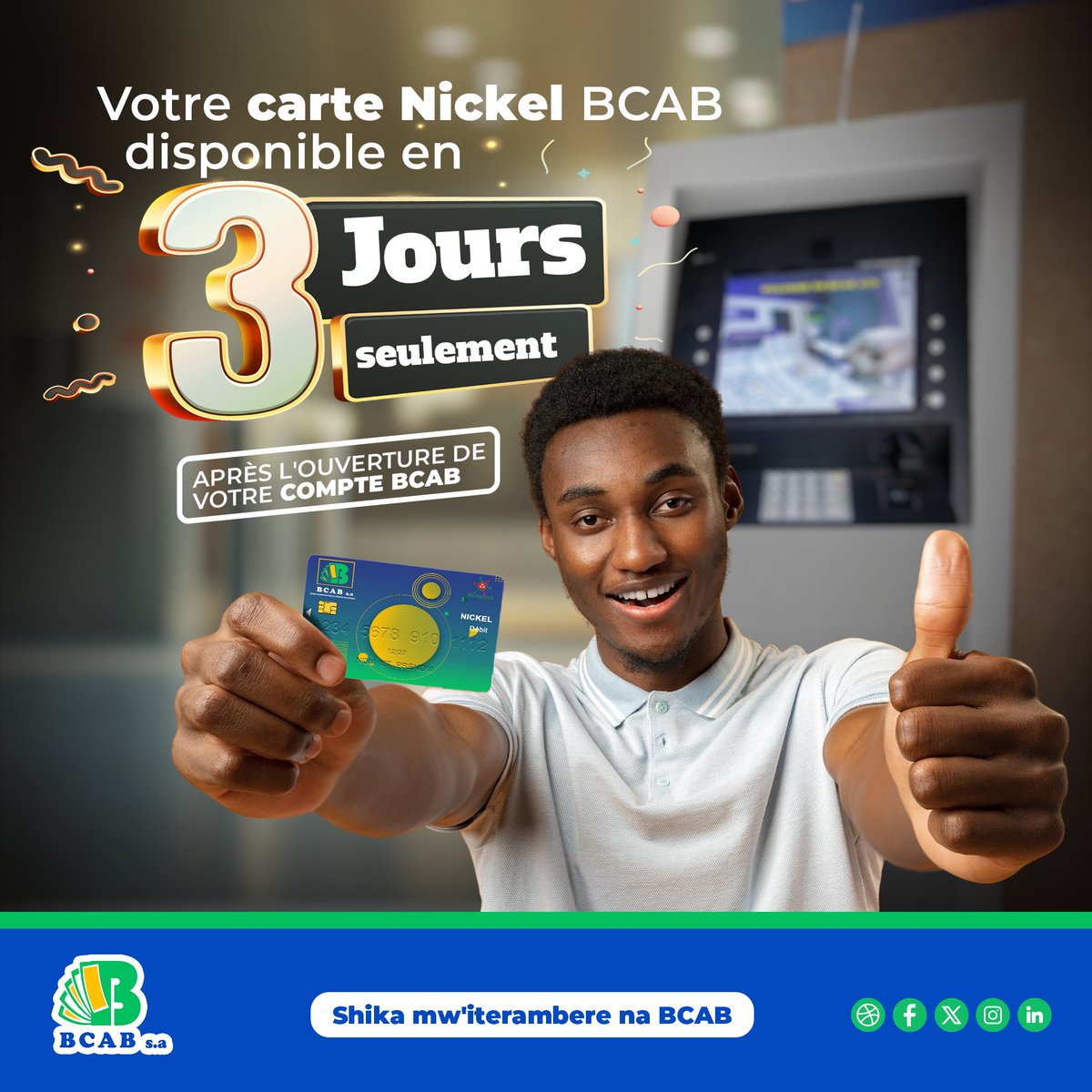 BcabBank's tweet photo. ⏱️ 72h chrono !
Le temps d’un week-end et ta carte Nickel BCAB est là 🔥

Ouvres ton compte #BCAB à l'agence la plus proche puis commande ta carte.

#ShikaMwiterambereNaBCAB #Burundi #Cartevisa https://t.co/6G1ocbLOcf