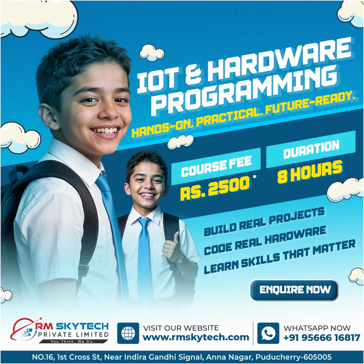 RMSkyTech1's tweet photo. Is your child ready for the future? 🤖💻

Hardware and IoT are the backbones of the modern world. At RM Skytech Private Limited, we move beyond theory to give students hands-on experience with real hardware.
#RMSkytech #Puducherry #IoT #HardwareProgramming https://t.co/8qWG5kMl7P