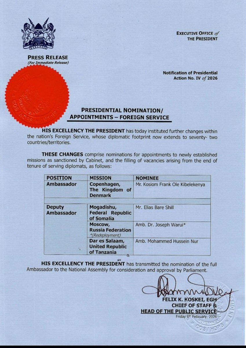 I extend my sincere gratitude to His Excellency the President Dr.William Ruto PhD CGH for this redeployment to the Russian Federation. I stand ready to serve Kenya with dedication  by promoting progress, safeguarding our citizens, and protecting our national interests and