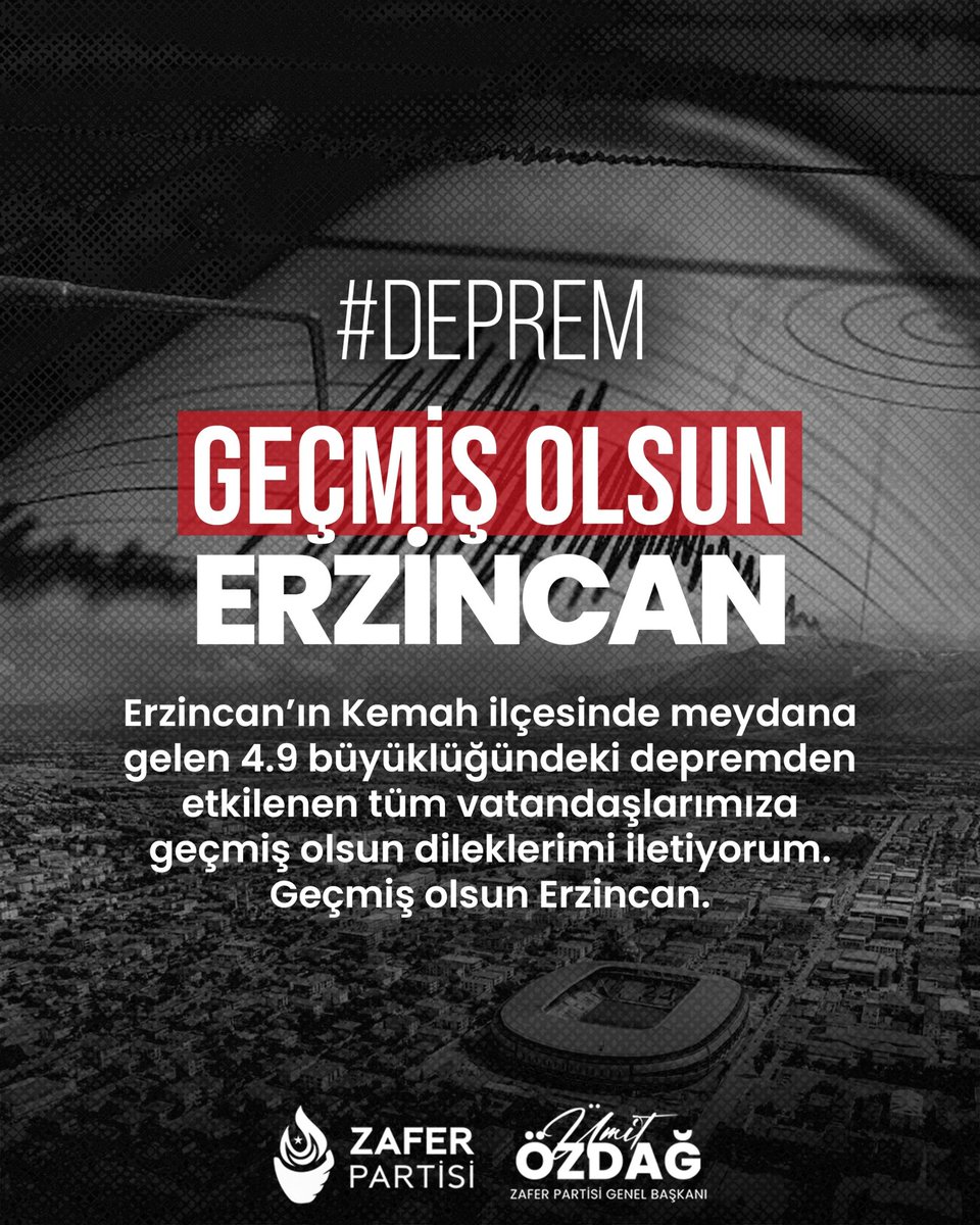 Erzincan’ın Kemah ilçesinde meydana gelen 4.9 büyüklüğündeki depremden etkilenen tüm vatandaşlarımıza geçmiş olsun dileklerimi iletiyorum.

Geçmiş olsun #Erzincan