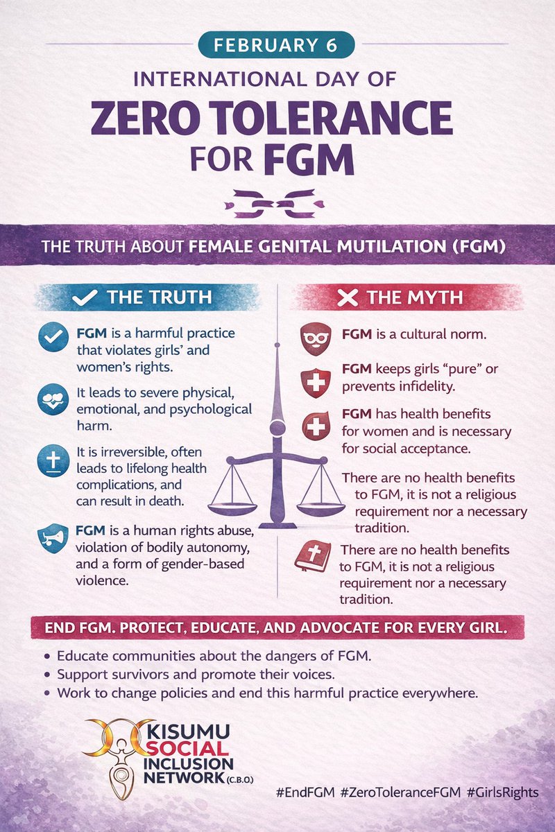 kisumusocialcbo's tweet photo. Every girl deserves a childhood free from harm. Every woman deserves control over her body.
On #ZeroToleranceFGM Day, we raise our voices to end FGM worldwide. Silence enables violence. Let’s protect, educate, and advocate together. ✊🏽 https://t.co/3cXq1l46cx