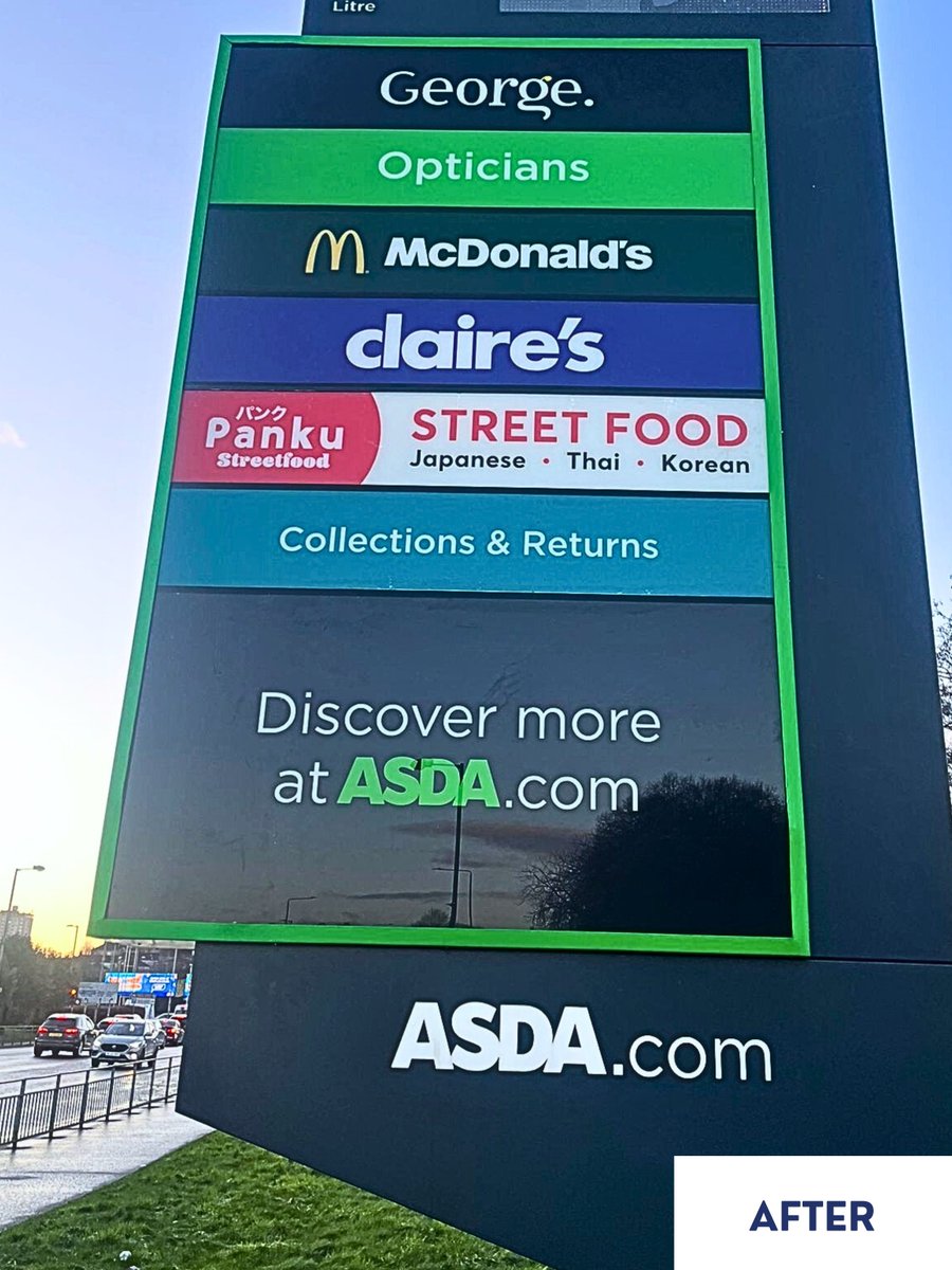 Signage maintenance that keeps sites looking professional. 🛠️🪧

Before ➡️ after concession panel replacement on the totem at <a href="/asda/">Asda</a> Toryglen, restoring a clean finish in line with brand standards.

📧 helpdesk@wilsoncontracts.co.uk
📞 +44 (0) 1924 256826

#SignageRepair
