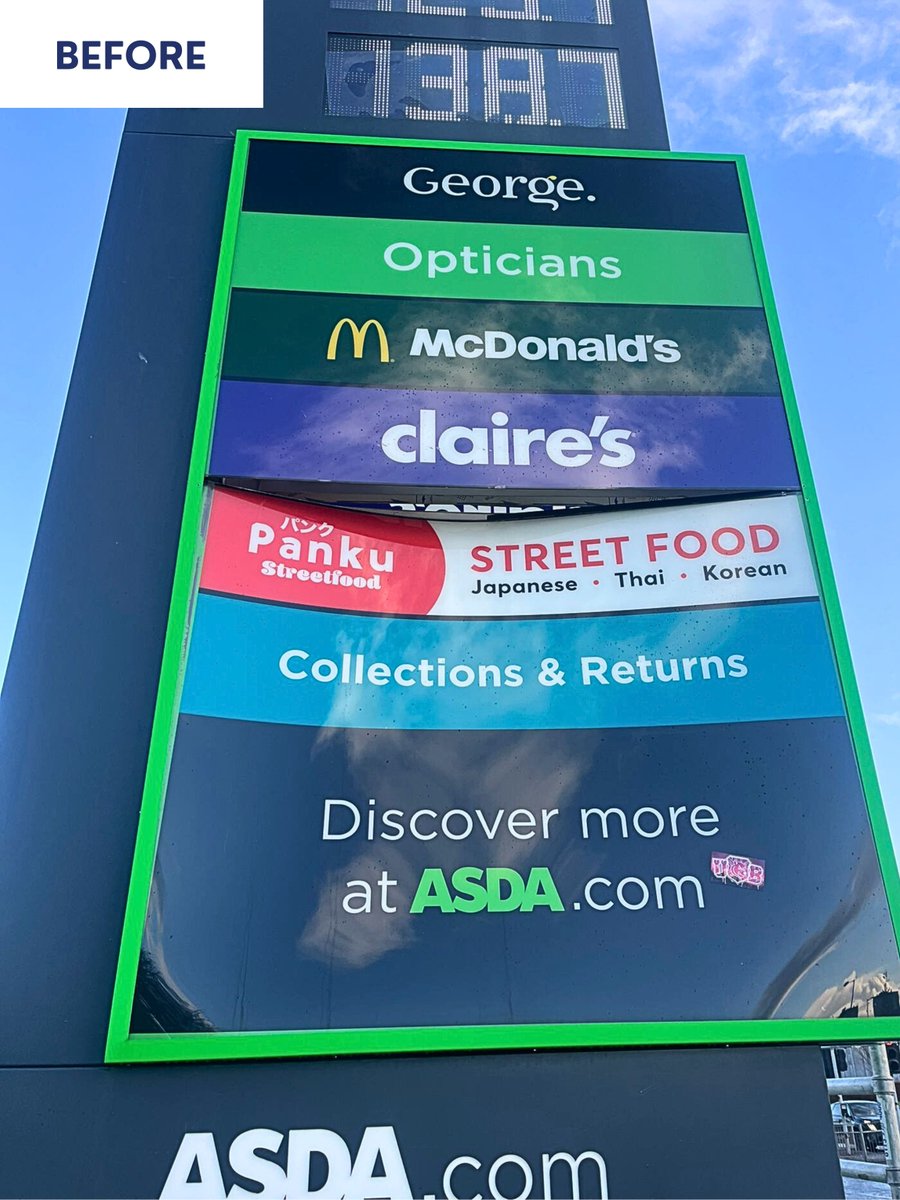 WCS_ltd's tweet photo. Signage maintenance that keeps sites looking professional. 🛠️🪧

Before ➡️ after concession panel replacement on the totem at @asda Toryglen, restoring a clean finish in line with brand standards.

📧 helpdesk@wilsoncontracts.co.uk
📞 +44 (0) 1924 256826

#SignageRepair https://t.co/ioEsGDeN8x