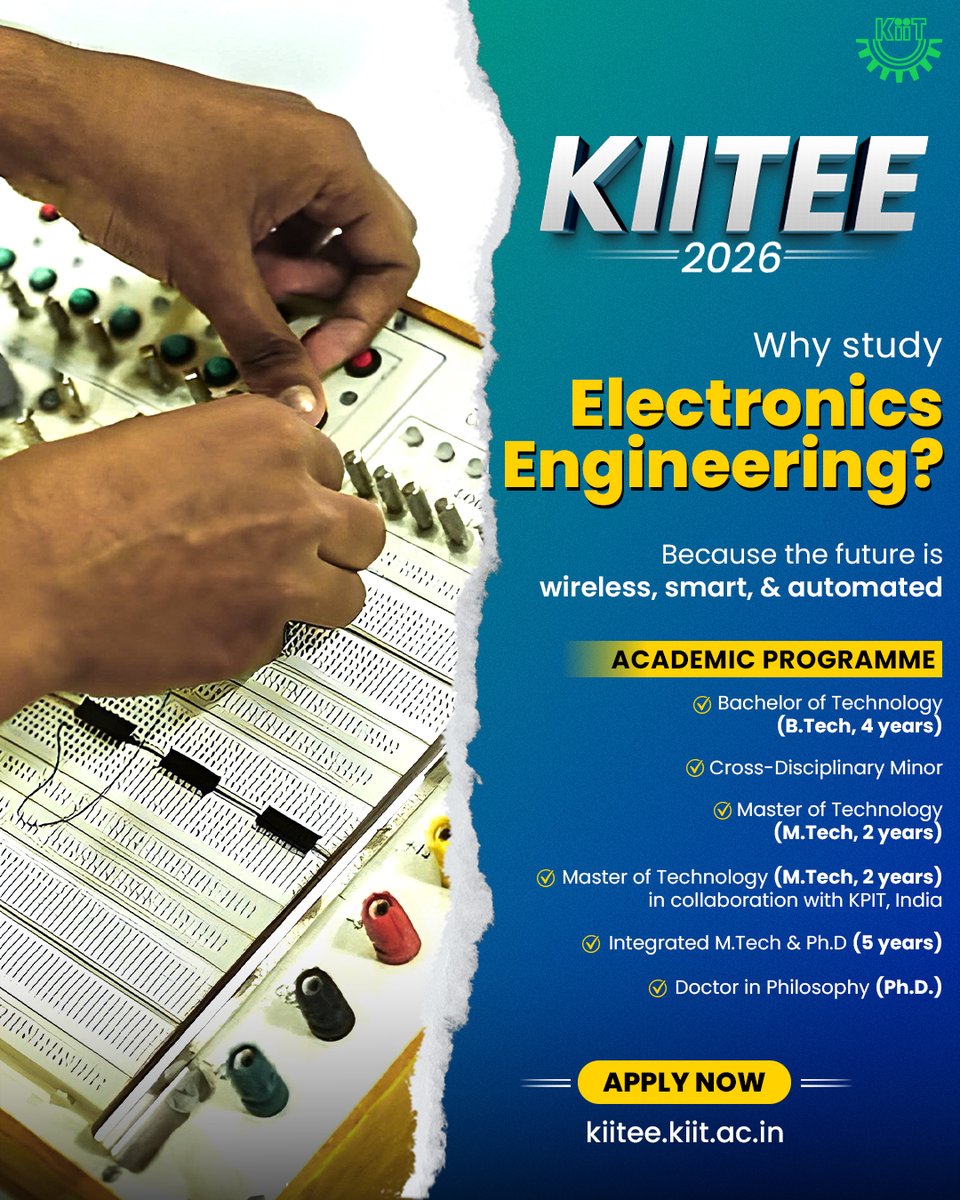 Are you ready to be the architect of tomorrow's tech? Whether you are starting your journey or specialising in your skills, we have the perfect roadmap for you.

Join the School of Electronics Engineering with KIITEE 2026! APPLY NOW: kiitee.kiit.ac.in