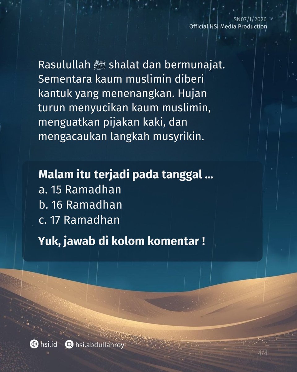 Perang badar mengajarkan kita berpikir cerdas dengan strategi yang matang, berjuang sungguh-sungguh, lalu serahkan hasilnya kepada Allah. Bukan tentang siapa paling kuat, tapi siapa paling taat dan tawakal. Kalau iman bertemu ikhtiar, maka pertolongan Allah tinggal menunggu waktu