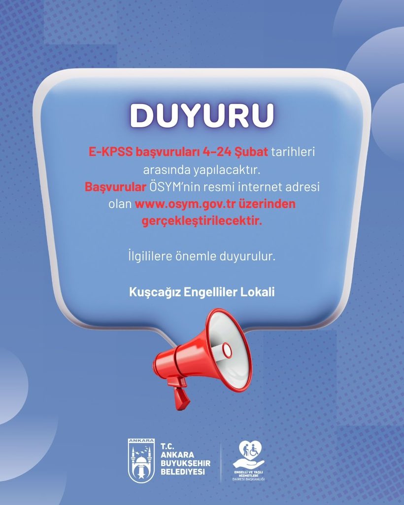 DUYURU

E-KPSS başvuruları 4–24 Şubat tarihleri arasında yapılacaktır.
Başvurular ÖSYM’nin resmi internet adresi olan osym.gov.tr üzerinden gerçekleştirilecektir.

İlgililere önemle duyurulur.

Kuşcağız Engelliler Lokali