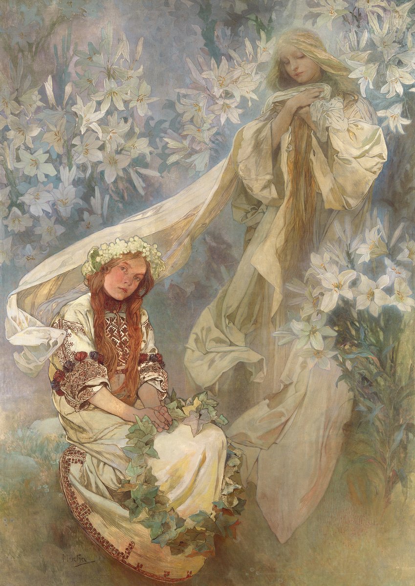 wikivictorian's tweet photo. Madonna of the Lilies, by Czech painter Alphonse Mucha  (1905). Mucha Foundation. https://t.co/yxLSRZvNCd
