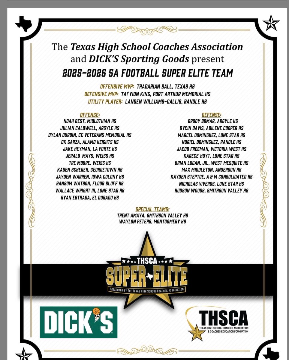 <a href="/THSCAcoaches/">THSCA</a> Super Elite Team:
<a href="/itsTreyW3/">Trey Wright</a> <a href="/MarcelPD44/">Marcel Dominguez</a> <a href="/NicoViveros24/">Nico Viveros 2026</a> <a href="/Karece_Ku2_Hoyt/">Karece Hoyt</a> 

TEAM success is followed by individual success! 
<a href="/LSHS_FBRecruits/">Lone Star HS Football Recruiting</a>