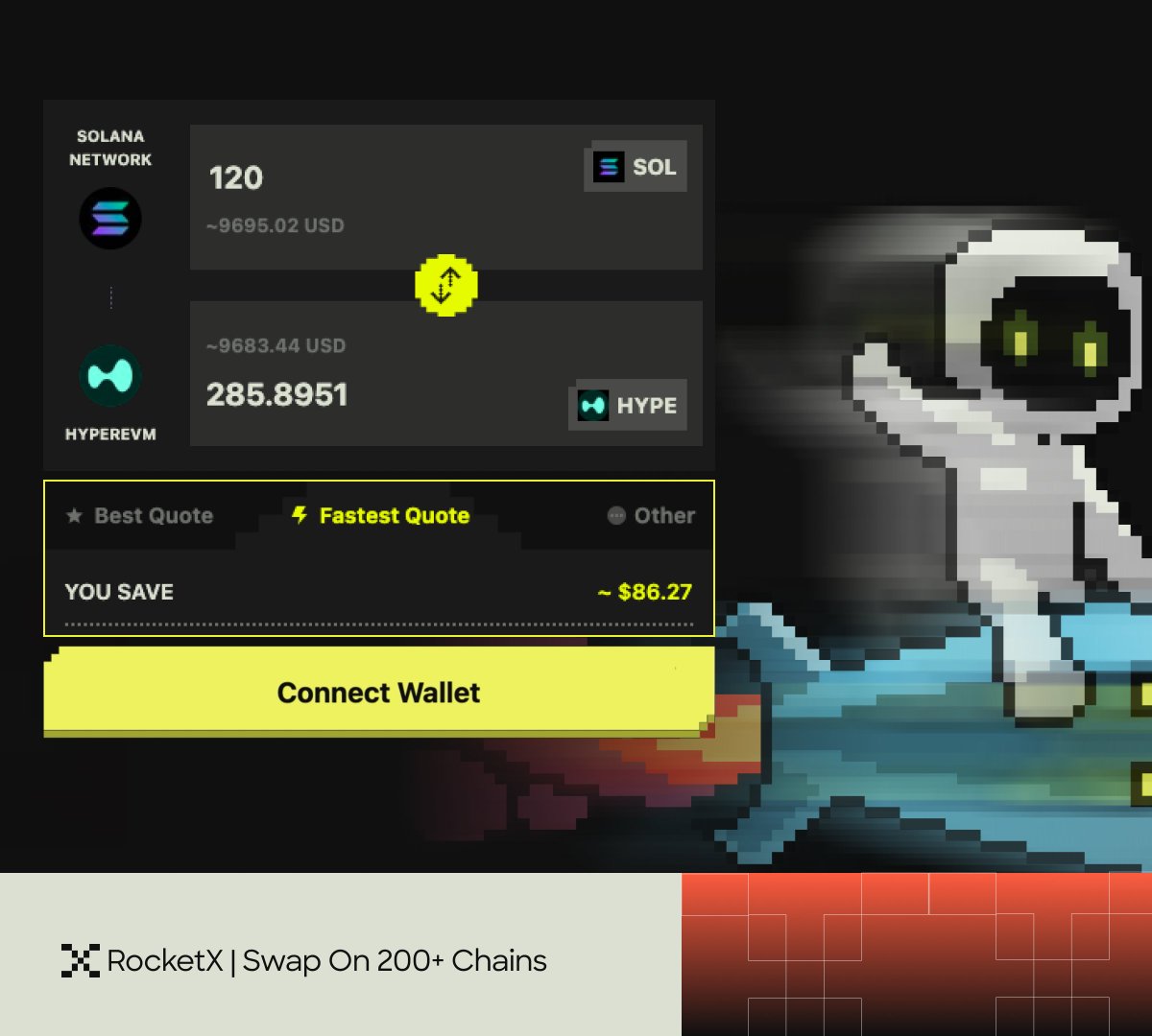 See that ⚡ lightning? 

That's RocketX locking in the Fastest Quote for your swap! 

Ultra-quick execution across 200+ chains.

Forget comparing rates manually on 10+ DEXs/CEXs. 

One click, best speed, zero hassle.

You save time AND money. 

Try it: app.rocketx.exchange