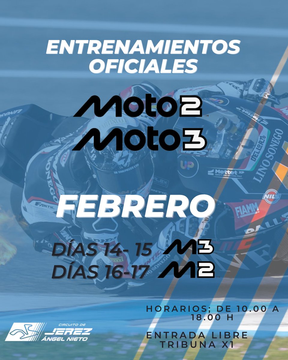 circuitodejerez's tweet image. El próximo fin de semana acogeremos los entrenamientos oficiales para las categorías mundialistas de Moto2 y Moto3.

📅días 14-15 Moto3
📅días 16-17 Moto2

➡Todas las jornadas tendrán un horario de 10.00 a 18.00 h.
➡Entrada libre tribuna X-1.

#motogp #moto2 #moto3