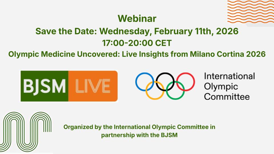 BJSM_BMJ's tweet photo. Unlock expert insights at Olympic Medicine Uncovered: Live from Milano Cortina 2026 @iocmedia

📅 11 February 2026
🕟 5:00 PM CET
🌐 Virtual (Zoom)
FREE Registration https://t.co/LmwTNk9Rgw 

#MilanoCortina2026 #WinterOlympics #SportsMedicine #InjuryPrevention #EliteAthletes https://t.co/zQlr5uURPw