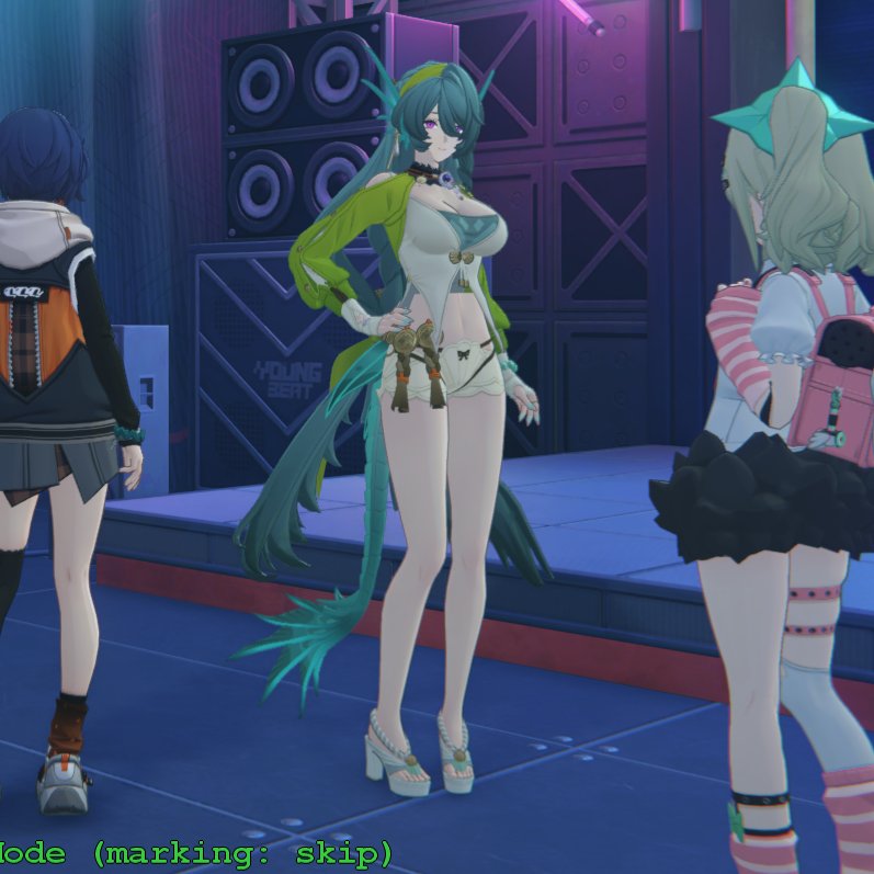 Thimbiee's tweet image. she has her legs AND stomach fully modeled behind that skirt lol