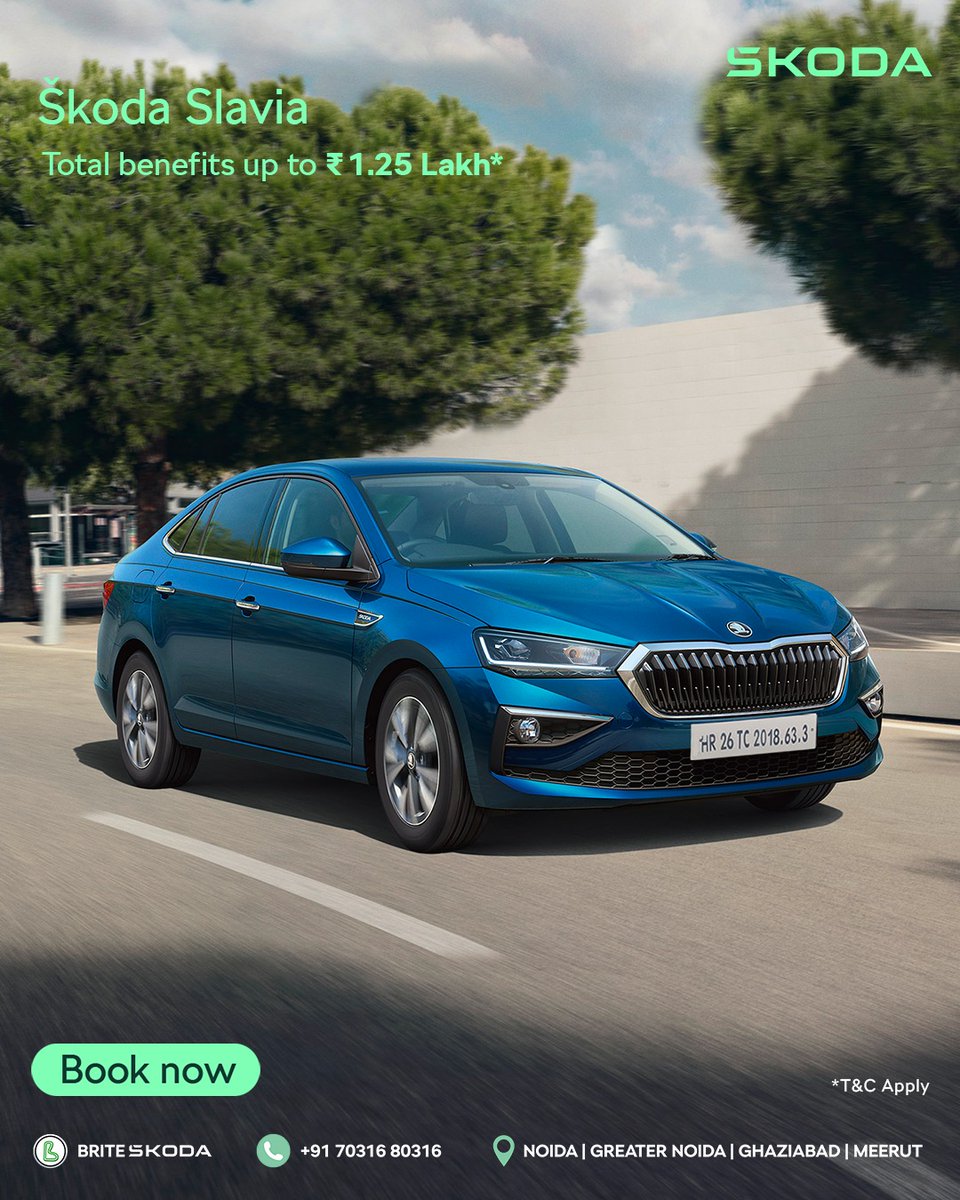 BriteSkoda's tweet photo. Elegance Meets Performance—Škoda Slavia!
Drive home sophistication and style with total benefits up to ₹1.25 Lakh*!
📍 Noida | Greater Noida | Ghaziabad | Meerut
📞 +91 70316 80316
🌐 https://t.co/pBICyEtJ0p
*T&C Apply
#BriteSkoda #SkodaSlavia #LetsExplore #SlaviaOffers https://t.co/ykqH9fQcrw