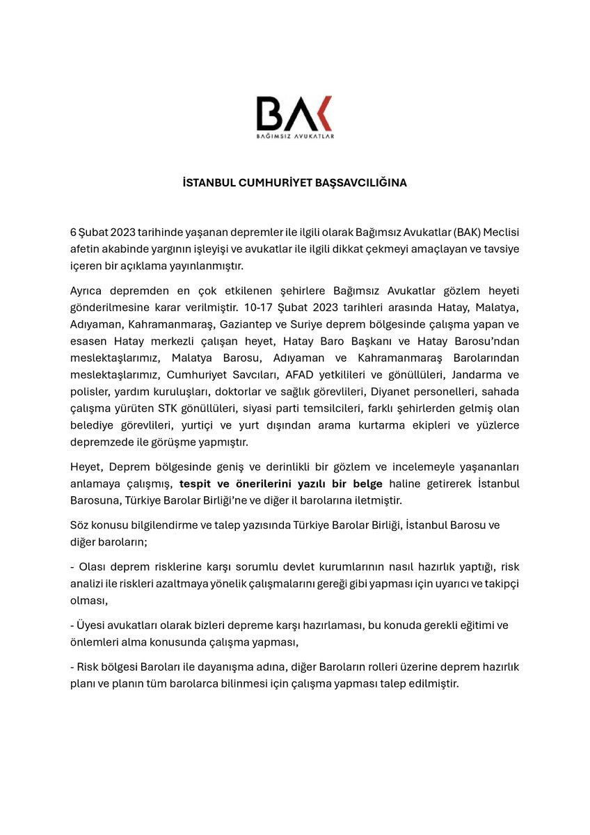 bak_avukat's tweet photo. 6 Şubat’ın acısı taze, sorumluluğumuz baki.

Bu vesileyle bu elim felakette hayatını kaybeden vatandaşlarımıza Allah'tan rahmet, yakınlarına sabır ve başsağlığı diliyoruz.

Yıldönümünde; Bağımsız Avukatlar olarak hem İstanbul Cumhuriyet Başsavcılığı’na hem de İstanbul Barosu’na başvurarak bilgi edinme hakkı kapsamında sorduk:

Beklenen İstanbul depremine yargı ve savunma makamı olarak hazır mıyız? @istanbulCBS @istbarosu