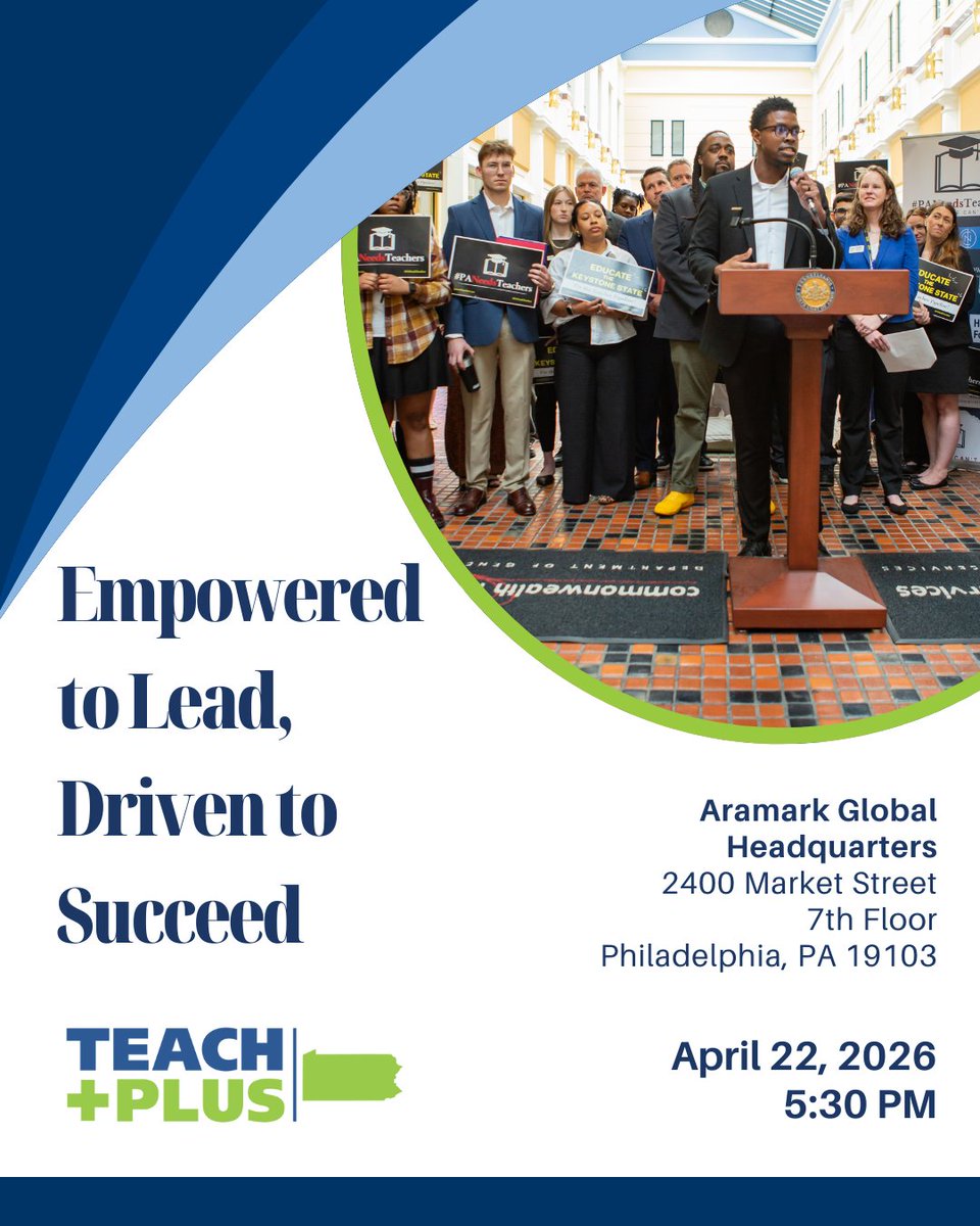 TeachPlusPA's tweet photo. Join Teach Plus PA on April 22 at 5:30 PM in Philadelphia for our second annual Empowered to Lead, Driven to Succeed celebration & fundraiser! Connect with educators, learn about our impact, and leave inspired. 🎟️ https://t.co/GgMyyOo63J
#TeachPlusPA https://t.co/ajyrd1iZtq