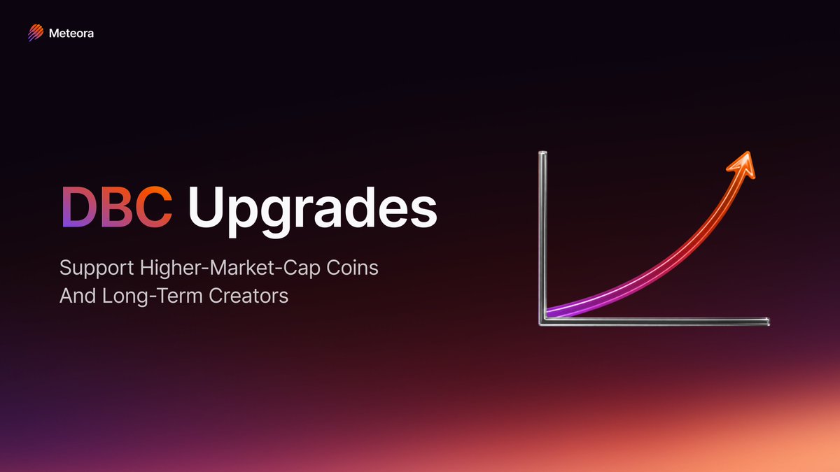 MeteoraAG's tweet photo. DBC has been upgraded to support higher-market-cap coins and long-term creators.

Many coins launched from DBC do so with 1-2% fees, and these fees stay constant, slowing tokens down as they grow from $5M market cap to >$100M market cap.

We’ve launched market cap trading fees, allowing teams to reduce trading fees as tokens go up, allowing tokens to sustain higher market caps by allowing for more traders and volume to come in without penalty.

Secondly, we wanted to support dev-buys for long-term alignment, while enjoying sniper protection from ruining their launches.

Going forward, all dev-buys on DBC launches will avoid the sniper tax, allowing creators to configure anti-sniper fees while buying their own coins for long-term alignment.

We implemented this to improve the quality of coins, and will monitor to ensure this ultimately benefits the trenches.

These changes will be rolled out across all partnered launchpads like BagsApp, Americadotfun, and many more in the days to come.

P.S: This is combined with a new anti-spam fee to boost the quality of coins on Meteora DBC.

We will keep making DBC better for the trenches.