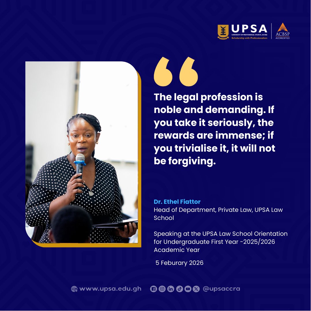 upsaccra's tweet photo. At the UPSA Law School Orientation, Dr. Ethel Fiatto advised new students to embrace their privilege, stay dedicated, and engage in balanced extracurriculars for resilience.
#UPSALawSchool #LawSchoolOrientation #LegalProfession #FutureLawyers #StudentAdvice #BalanceInLaw https://t.co/xlhNoHlOGM
