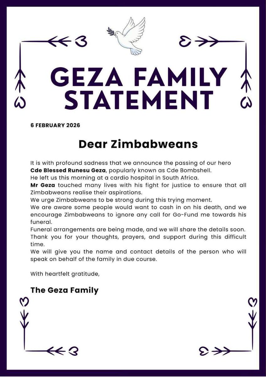 NgarivhumeJ's tweet photo. The Geza family has released the following statement. Please ignore any Go Fund Me initiatives in his name. An official family spokesperson will be announced by the family.
#CdeBOMBSHELL! https://t.co/guxXH48gbK