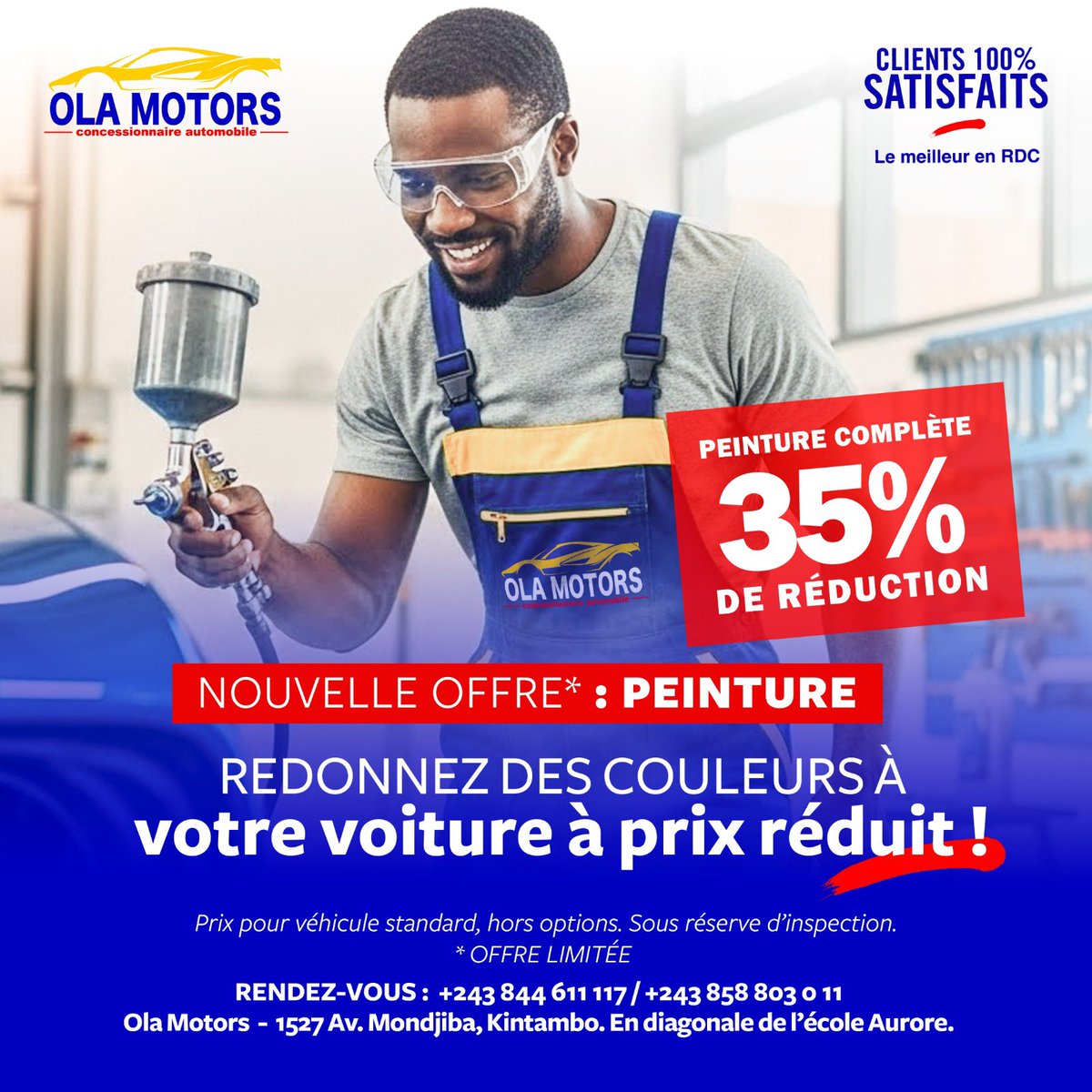 REDONNEZ DE L'ÉCLAT À VOTRE VOITURE À PETIT PRIX - NOUVELLE OFFRE OLA MOTORS!

Envie d’une peinture neuve et d’un look éclatant sans vous ruiner ? Profitez de notre offre découverte : qualité professionnelle, finitions soignées et prix réduit. Offre limitée jusqu’à fin mars 2026.