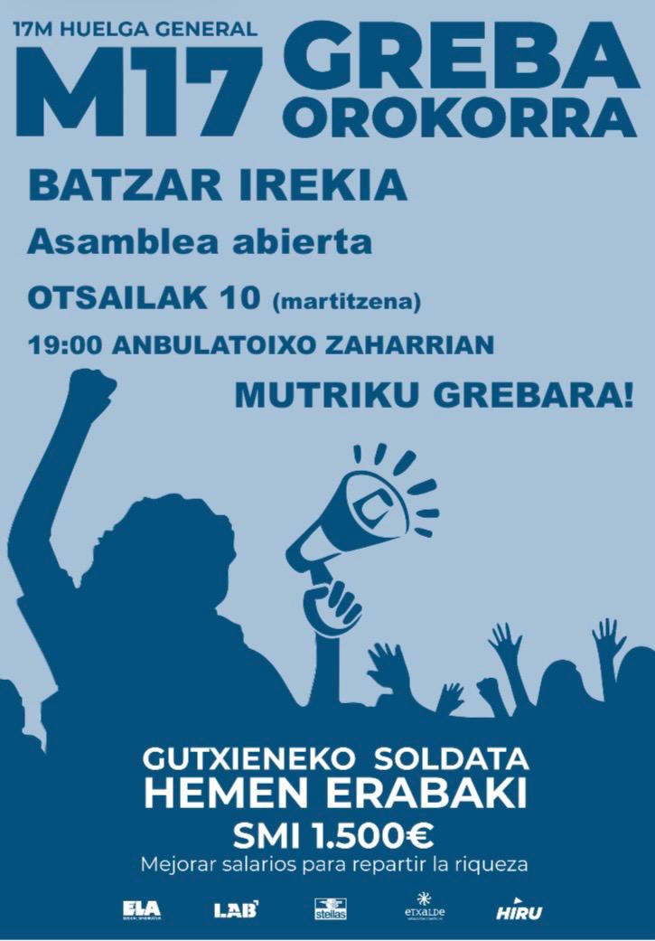 LABdebaldea's tweet image. 📢📢📢📢📢ADI!! ADI!!📢📢📢📢

Debabarrenan hasi gara herrietako Greba Batzordeak antolatzen Euskal langileontzat Gutxieneko soldata propio baten alde.

📍Eibar, Otsailak 11, 18:30ean Kultun
📍Mutriku, Otsaila 10, 19:00etan anbulatoixo zaharrian

💥MARTXOAK 17 GREBA OROKORRA💥