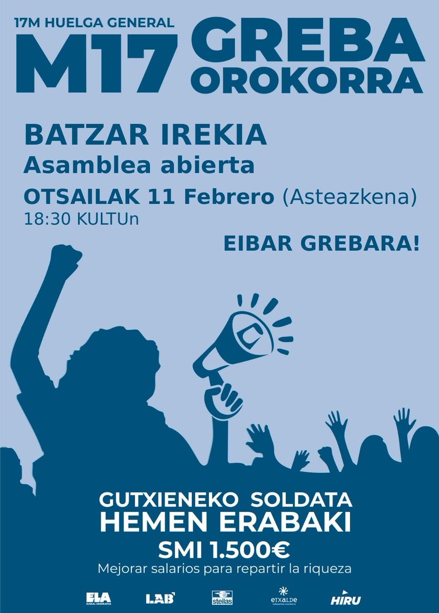 LABdebaldea's tweet image. 📢📢📢📢📢ADI!! ADI!!📢📢📢📢

Debabarrenan hasi gara herrietako Greba Batzordeak antolatzen Euskal langileontzat Gutxieneko soldata propio baten alde.

📍Eibar, Otsailak 11, 18:30ean Kultun
📍Mutriku, Otsaila 10, 19:00etan anbulatoixo zaharrian

💥MARTXOAK 17 GREBA OROKORRA💥