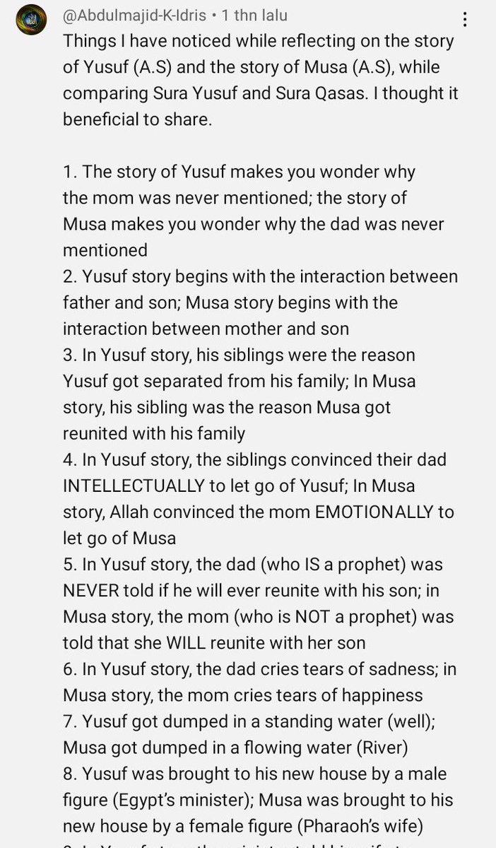 nemu dari bang <a href="/Apeeeeep/">Faris Afif</a> kalo ternyata kisah Nabi Musa tuh literally KEBALIKAN dari kisah Nabi Yusuf 

sebuah funfact yg sangat mengesankan🤩