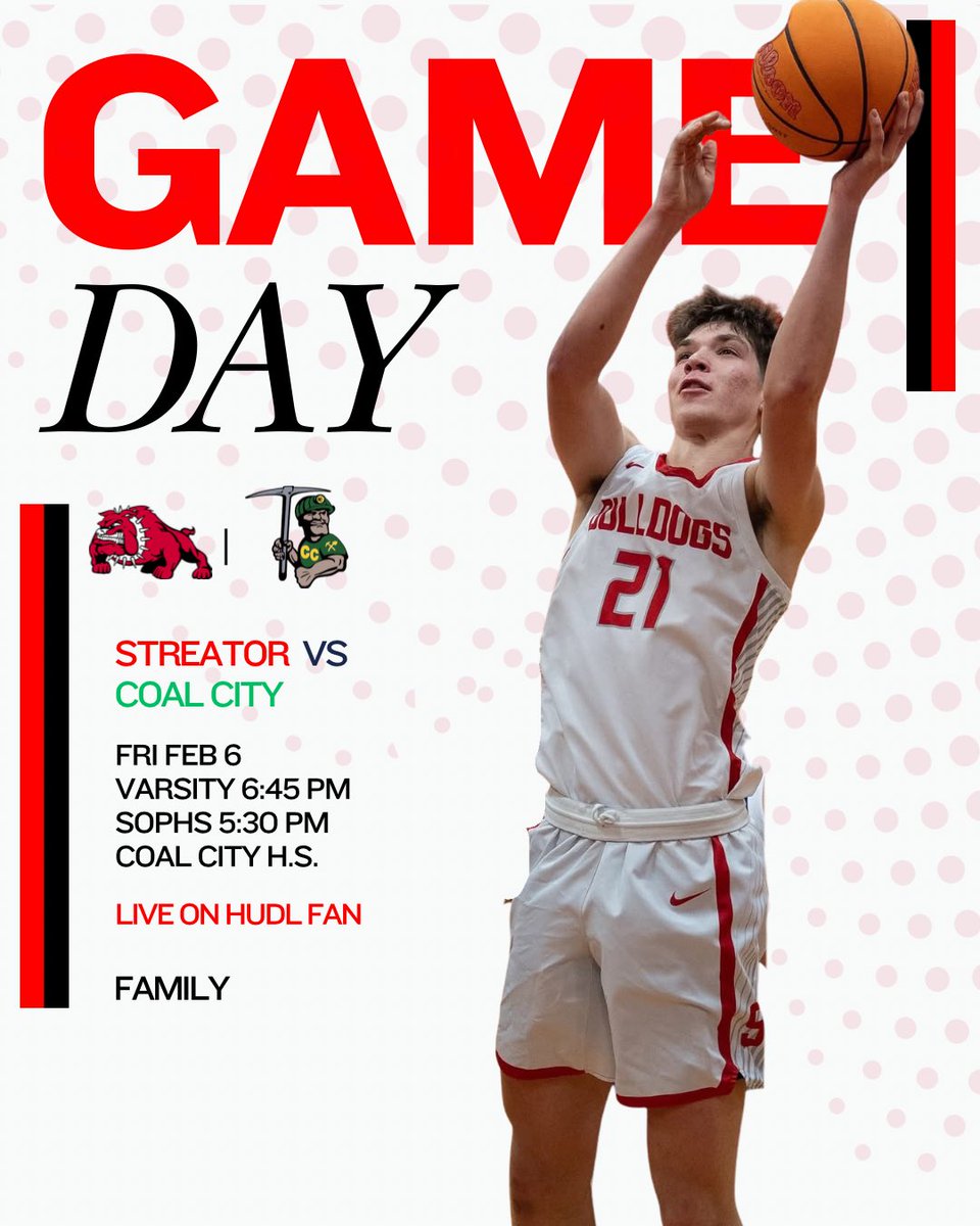 🚨 GAMEDAY

🏀Streator at Coal City

📍Coal City HS 

⏲️ Varsity 6:45 pm / Soph 5:30 pm

💻 HUDL Fan 

#SHSDawgs #FAMILY

<a href="/jtpedelty/">J.T. Pedelty</a> <a href="/NestoHoops/">Aaron Britton</a>