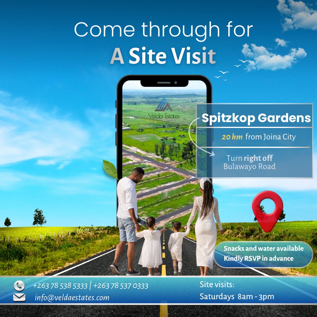 veldaestates's tweet photo. Come through for a site visit and see the vision for yourself 🌱

📍 Spitzkop Gardens
20 km from Joina City
Turn right off Bulawayo Road

🗓 Site visits every Saturday | 8am–3pm
🥤 Snacks and water available

👉 Book your site visit today
📞 +263 78 538 5333 | +263 78 537 0333 https://t.co/9CMInTzDBt