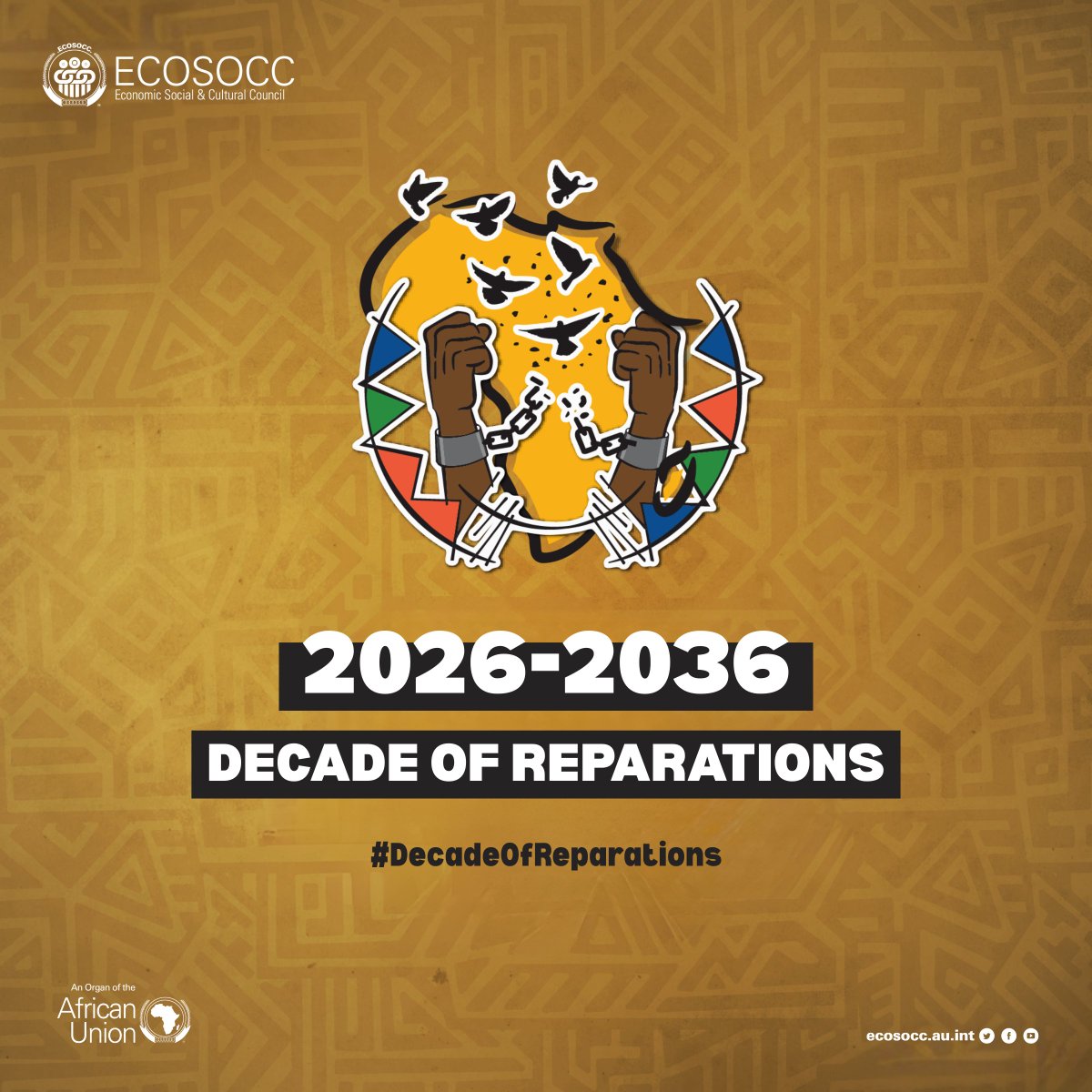 AU_ECOSOCC's tweet photo. We are now in the @_AfricanUnion Decade of Reparations.
In a few days, on the sidelines of the 39th #AUSummit, we're taking a pause to look back and forward at the same time. We'll reflect on what the AU #YearOfReparations achieved, where progress has been made, and where important work remains. We'll also consider what the decade ahead requires if the #reparations agenda is to be carried forward with care and consistency.
A year can raise awareness, but a decade is about follow-through. The discussions taking place in the coming days are part of that longer journey, grounded in memory, responsibility, and the work that still lies ahead.
We'll keep you posted.
#DecadeOfReparations #AUTOTY2025