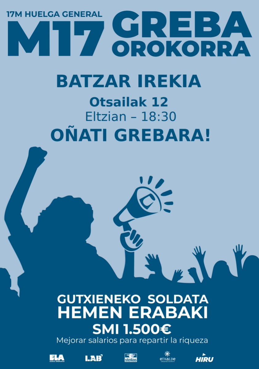 LABdebaldea's tweet image. 📢📢📢📢ADI! ADI!✊📢📢📢

Debagoienan hasi gara herrietako Greba Batzordeak antolatzen

📍Bergara, Otsailak 10, 18:00etan UNEDen
📍Arrasate, Otsailak 12, 18:30ean Etxaluzen
📍Oñati, Otsailak 12, 18:30ean Eltzian

Gutxieneko soldata hemen erabaki

💥MARTXOAK 17 GREBA OROKORRA💥