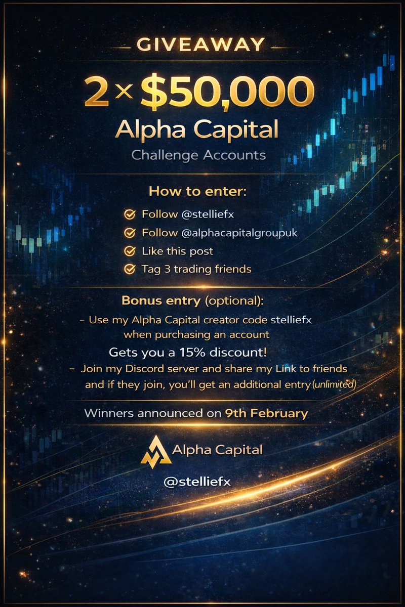 stelliefx's tweet photo. 🚨 GIVEAWAY ALERT 🚨
✅ Follow @stelliefx
✅ Follow @alphacapitalgroupuk
✅ Like this post
✅ Tag 3 trading friends
🔥 Bonus Entries:
➕ Join my Discord server &amp; share my link with friends… if they join, you get another entry (UNLIMITED)
🏆 Winners announced 9th February https://t.co/BV1KuJYDyi