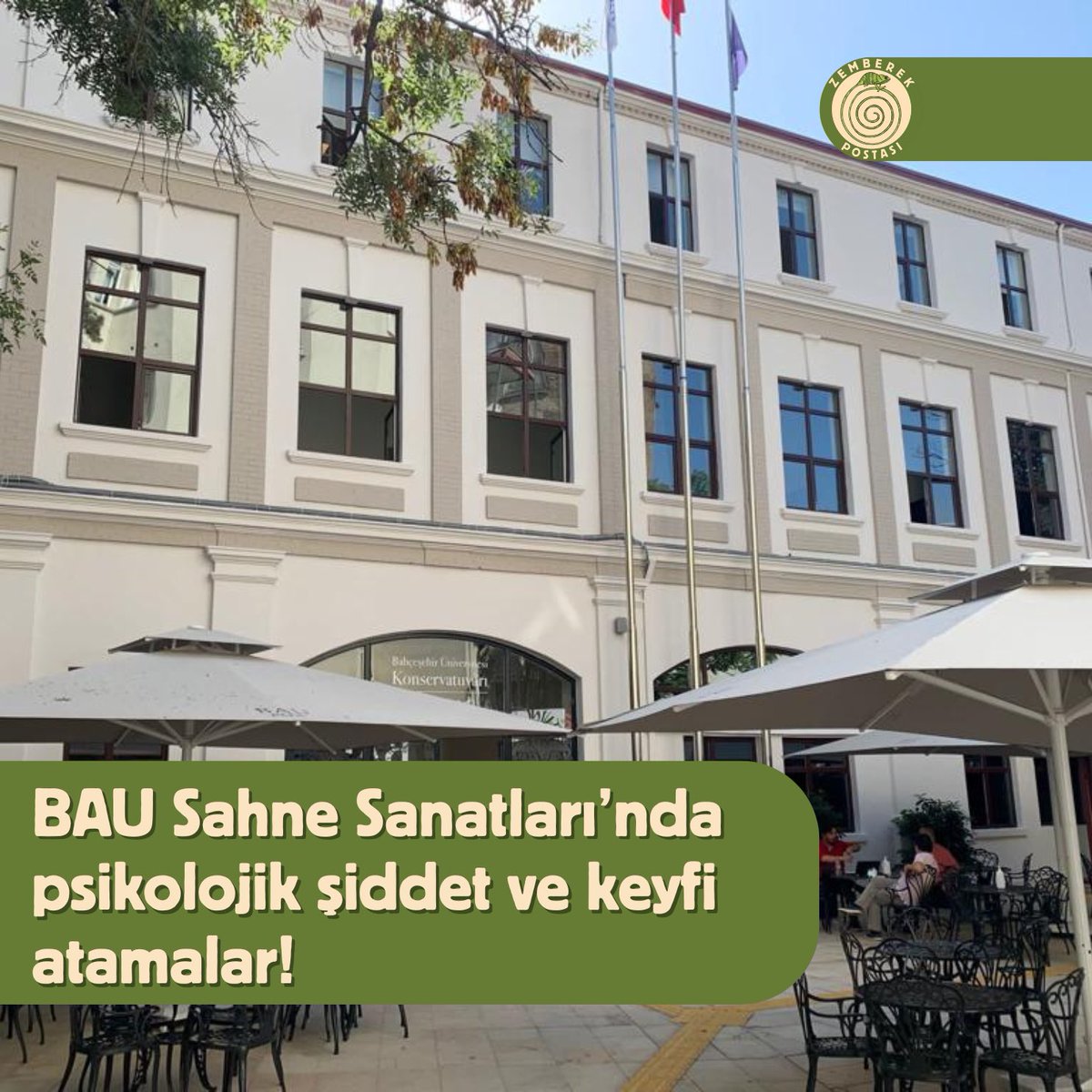 BAU Sahne Sanatlarına geçtiğimiz sene dahil olan oyuncu Meltem Cumbul öğrencileri sistematik psikolojik şiddete maruz bırakıyor.

Okul bileşenlerinin Meltem Cumbul'un televizyonda bölüm başkanı olarak anılması ile haberini aldığı atamalar hakkında da şeffaflık talep ediyoruz!